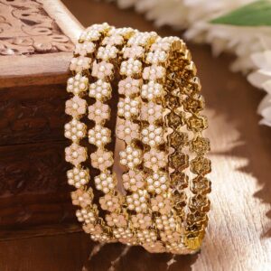 Set of 4 24K Gold-Plated Light Peach Floral & Pearl Beaded Handcrafted Bangles - 2.6