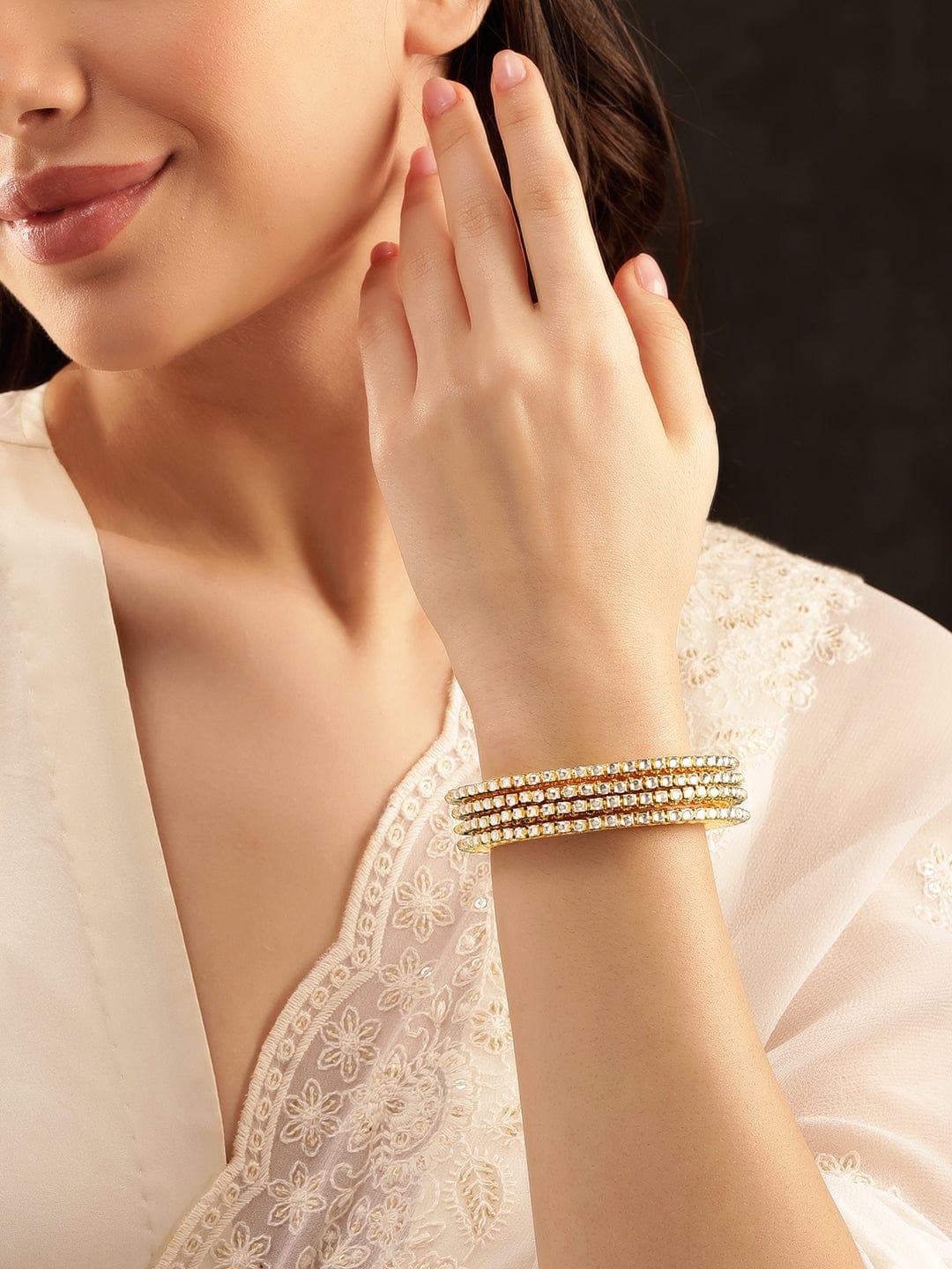 Set Of 4 Gold-Plated Kundan-Studded Bangles - 2.8.