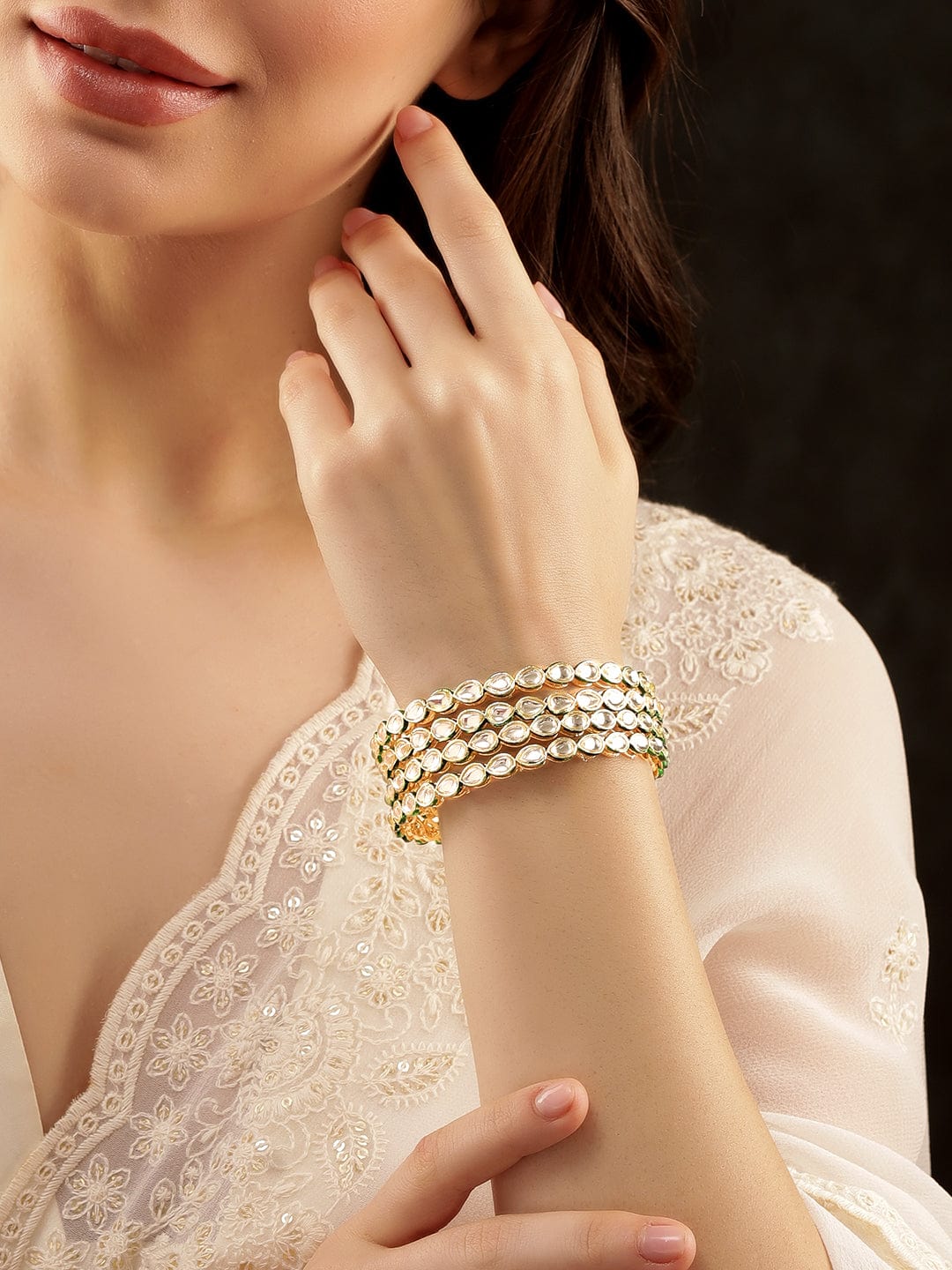 Set of 4, Kundan studded Green enamel classic bangles - 2.4