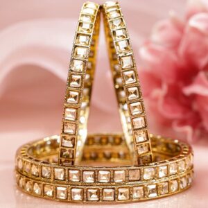 Set of 4 Mehandi 18K Gold-Plated Square-Cut White Kundan Studded Traditional Bangles - 2.4