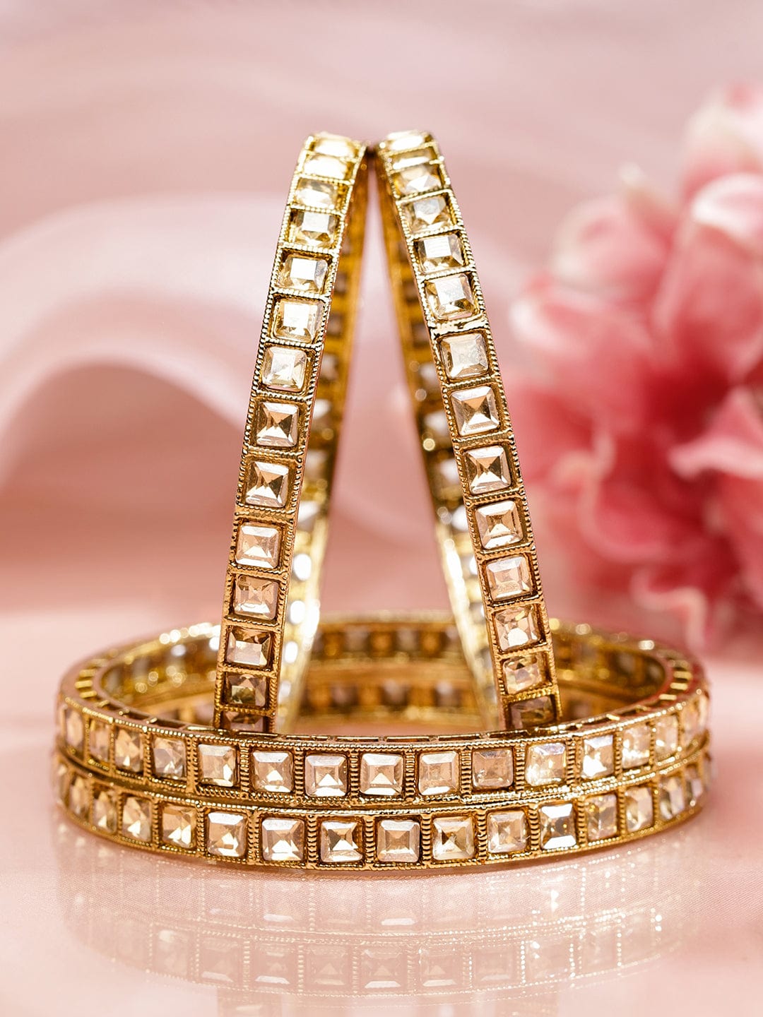 Set of 4 Mehandi 18K Gold-Plated Square-Cut White Kundan Studded Traditional Bangles - 2.6