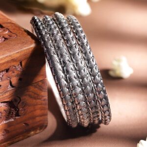 Set of 4 Oxidized Silver-Plated Handcrafted Floral Design Traditional Bangles - 2.4