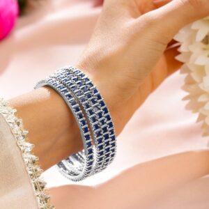 Set of 4 Rhodium-Plated Blue Cubic Zirconia Studded Handcrafted Premium Bangles - 02-Jun