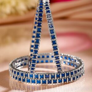 Set of 4 Rhodium-Plated Blue Cubic Zirconia Studded Handcrafted Premium Bangles for Women - 02-Apr