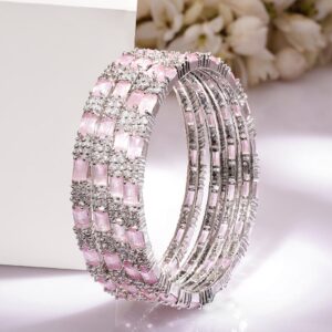 Set of 4 Rhodium Plated Crystal Pink & White Cubic Zirconia Studded Premium Bangles - 02-Aug