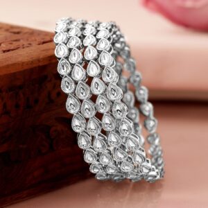 Set of 4 Rhodium-Plated Crystal White Kundan & Cubic Zirconia Studded Bangle - 2.6