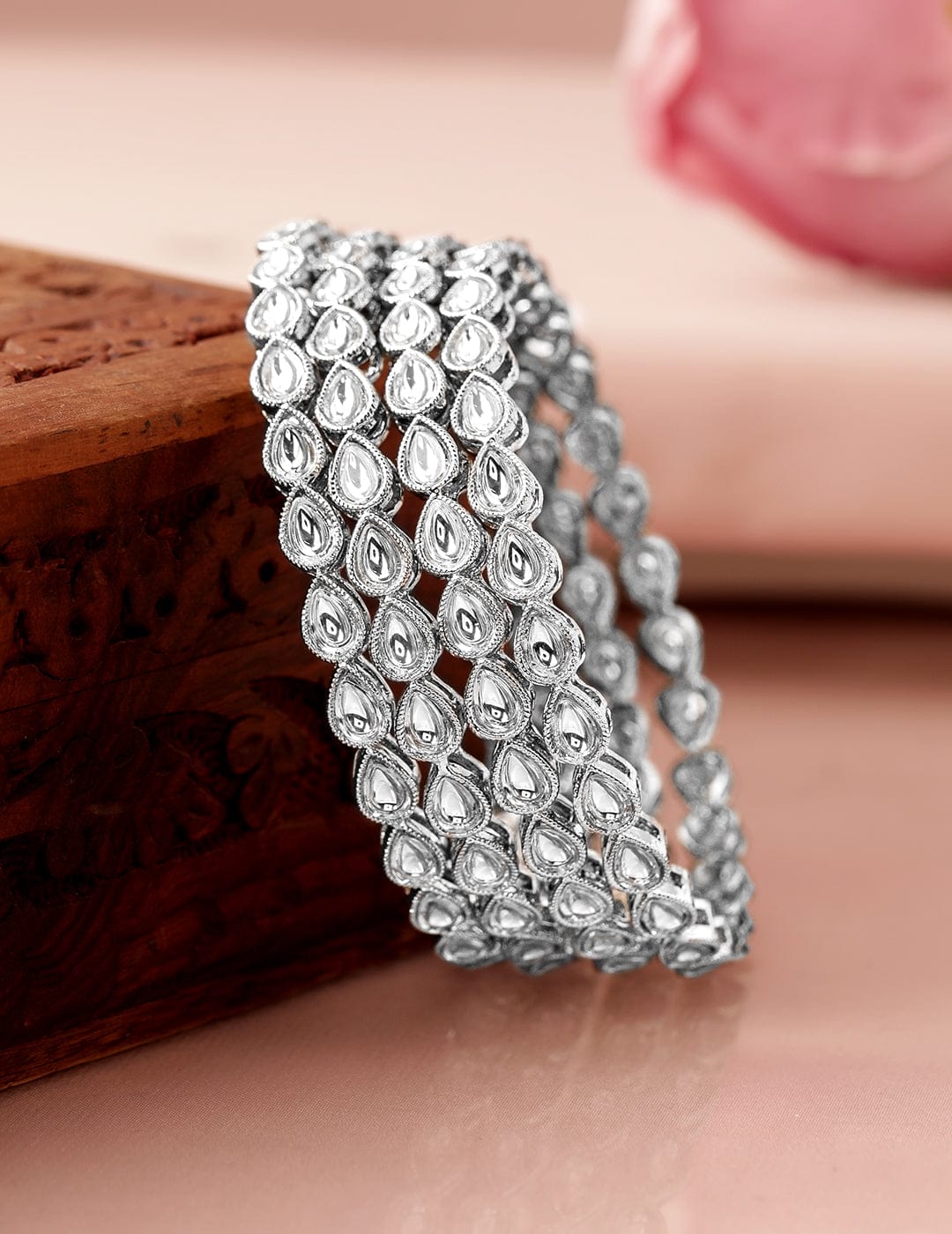 Set of 4 Rhodium-Plated Crystal White Kundan & Cubic Zirconia Studded Bangle - 2.6