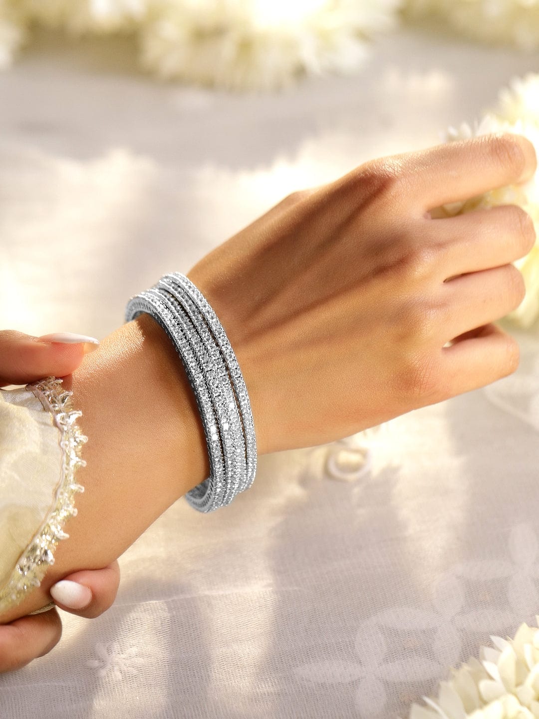 Set Of 4 Rhodium Plated CZ Studded Bangles - 02-Apr