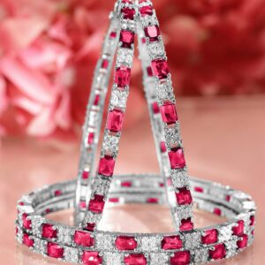 Set of 4 Rhodium-Plated Ruby Pink & White Cubic Zirconia Studded Bangles - 02-Aug