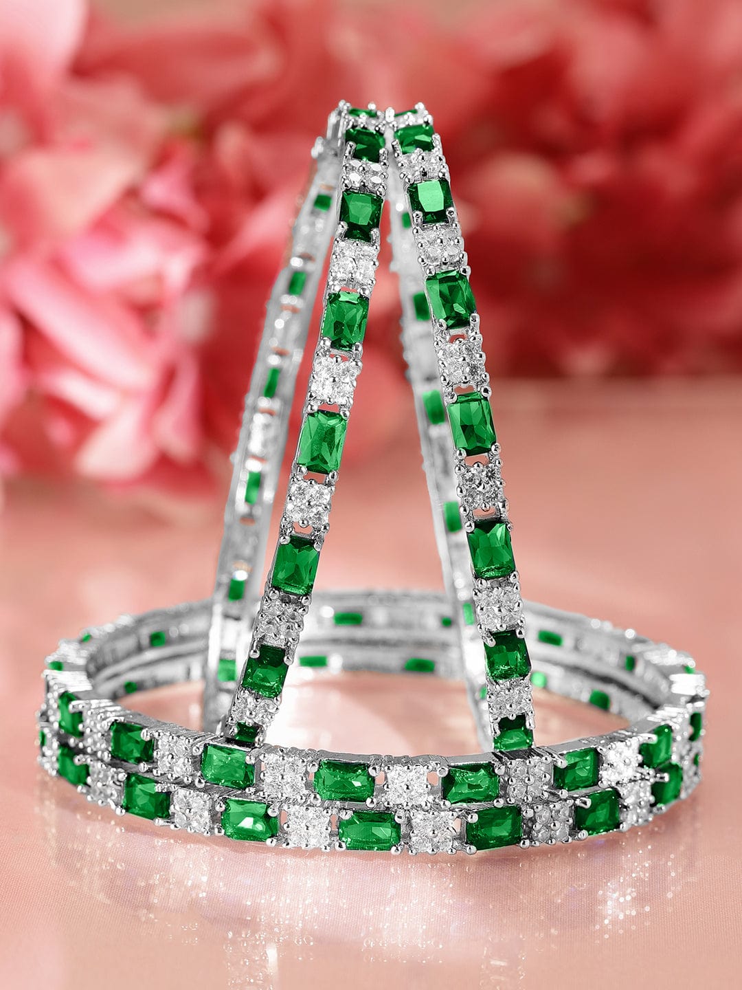 Set of 4 Rhodium-Plated Emerald Green & White Cubic Zirconia Studded Bangles - 02-Jun