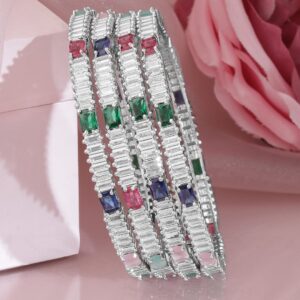 Set of 4 Rhodium-Plated Multicolor AD and Cubic Zirconia Studded Premium Bangles - 02-Jun