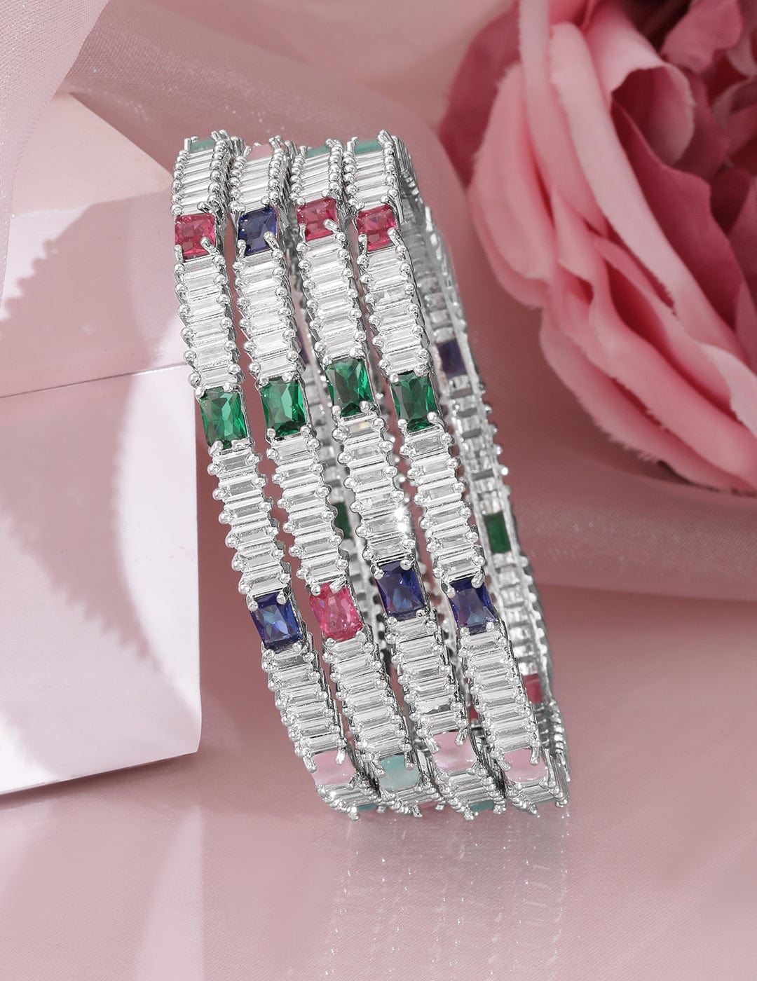 Set of 4 Rhodium-Plated Multicolor AD and Cubic Zirconia Studded Premium Bangles - 02-Jun