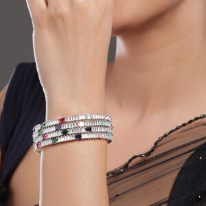 Set of 4 Rhodium-Plated Multicolor AD and Cubic Zirconia Studded Premium Bangles - 2.8