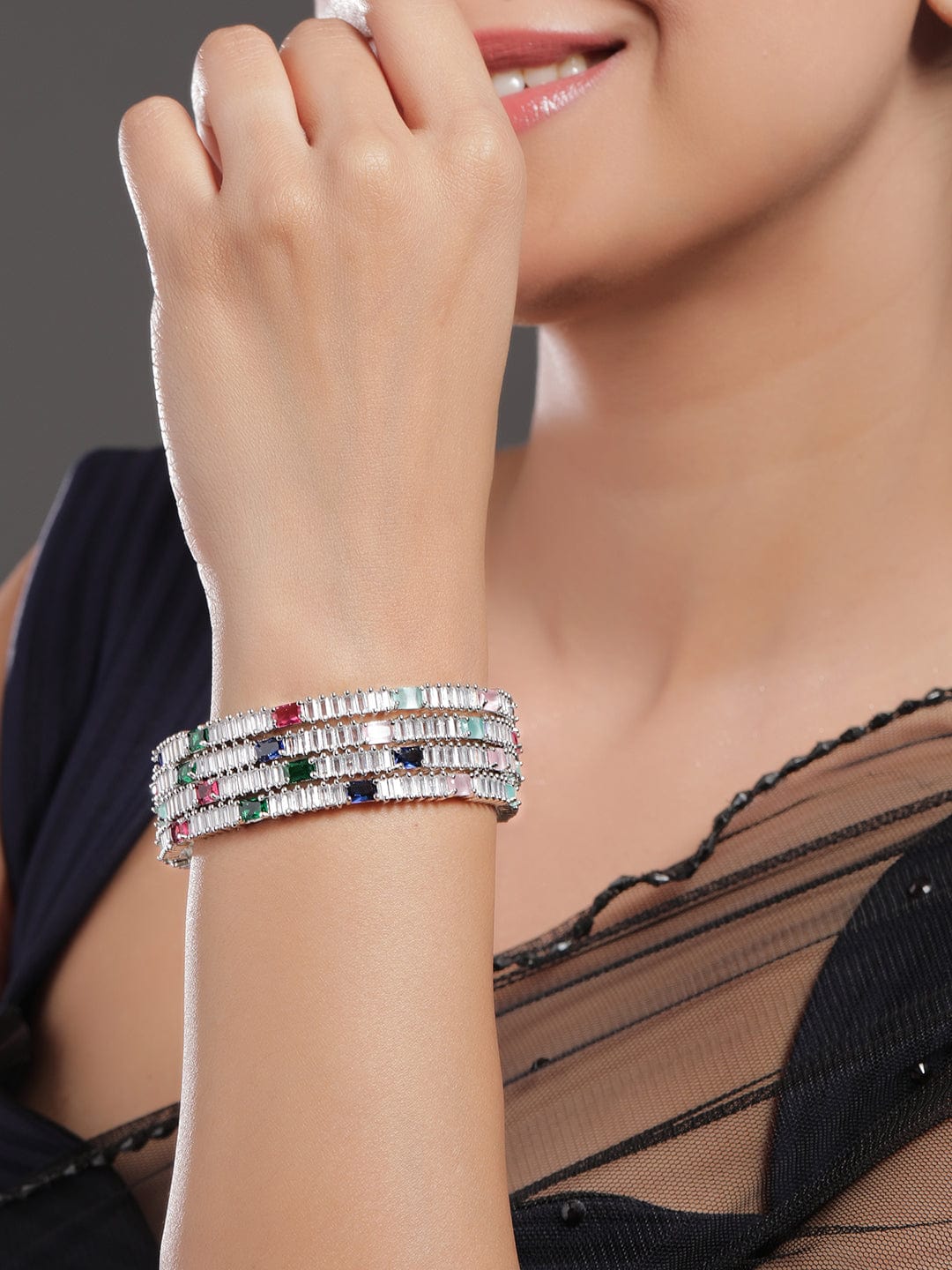 Set of 4 Rhodium-Plated Multicolor AD and Cubic Zirconia Studded Premium Bangles - 2.4