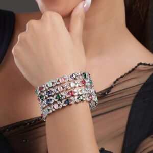 Set of 4 Rhodium-Plated Multicolor AD & CubicZirconia Studded Floral Design Bangles - 2.8