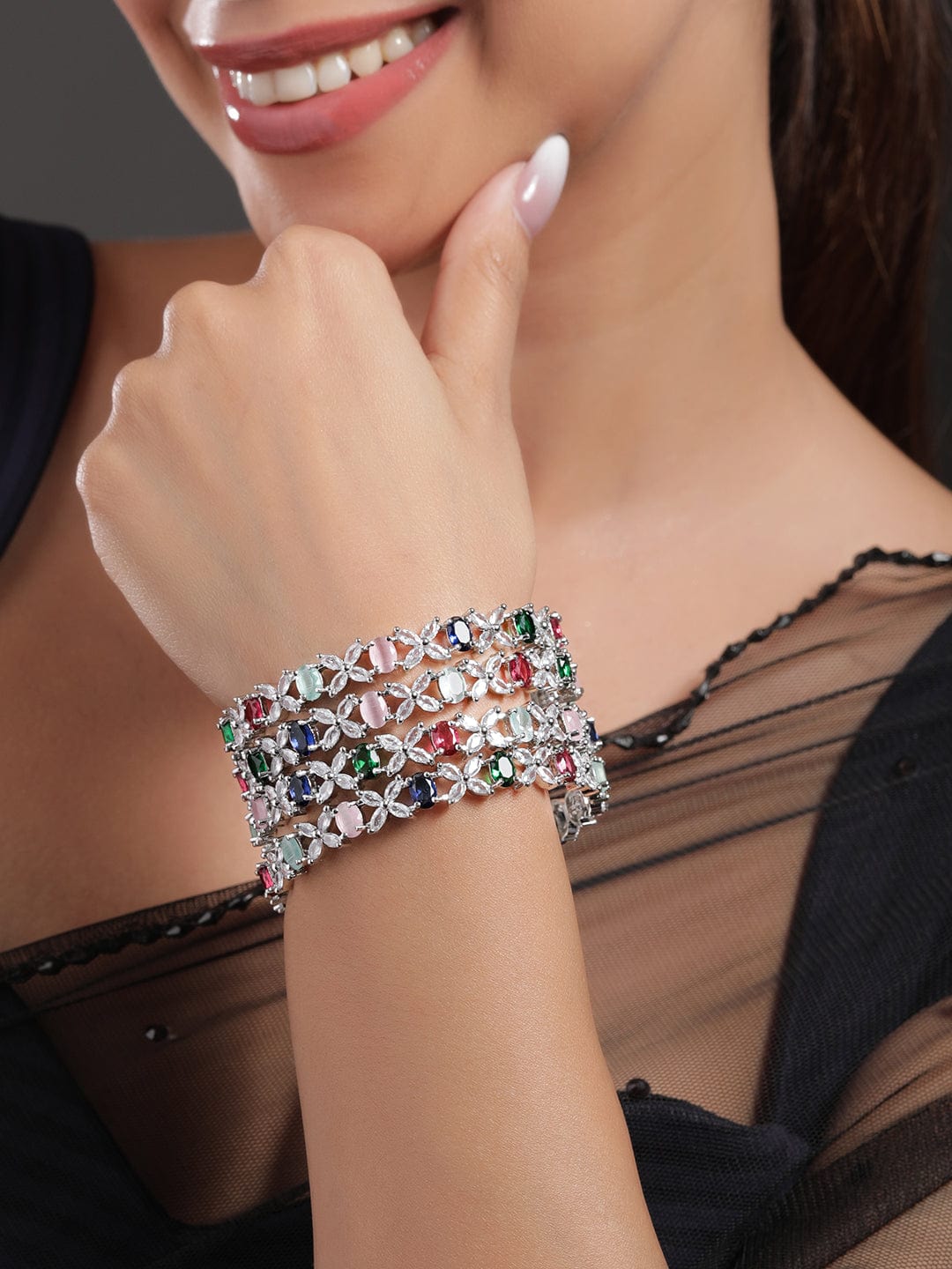 Set of 4 Rhodium-Plated Multicolor AD & CubicZirconia Studded Floral Design Bangles - 2.6