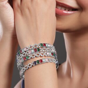 Set of 4 Rhodium-Plated Multicolor Stone & White Cubic Zirconia Studded Bangles - 2.8