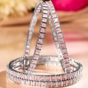Set of 4 Rhodium-Plated Pastel Pink Cubic Zirconia Studded Handcrafted Premium Bangles for Women - 2.4