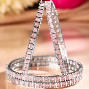 Set of 4 Rhodium-Plated Pink Cubic Zirconia Studded Handcrafted Premium Bangles - 2.8