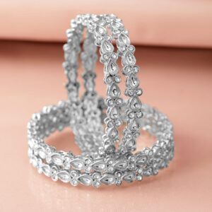 Set of 4 Rhodium-Plated Silver-Tone Kundan & Cubic Zirconia Studded Premium Bangles - 2.4