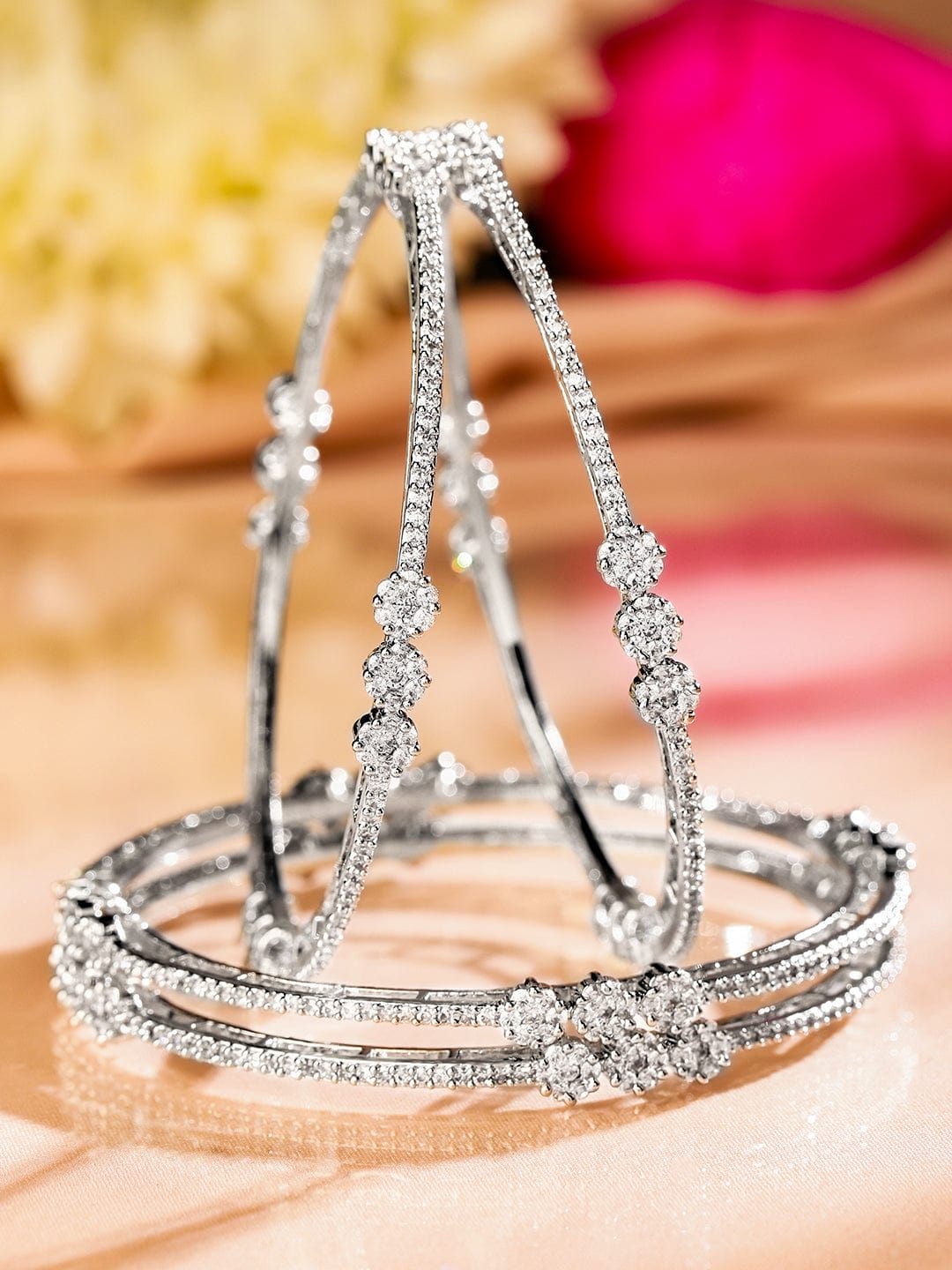 Set of 4 Rhodium-Plated White Cubic Zirconia Floral Design Handcrafted Premium Bangles for Women - 02-Apr