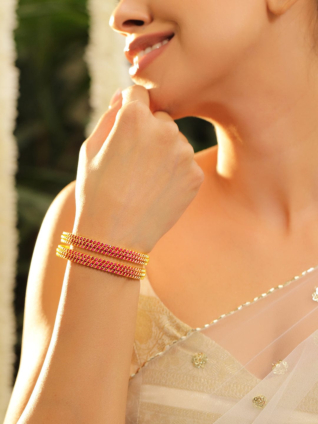 Set of 6, 22K Gold-Plated Ruby Pink Stone Studded Handcrafted Bangles - 02-Apr