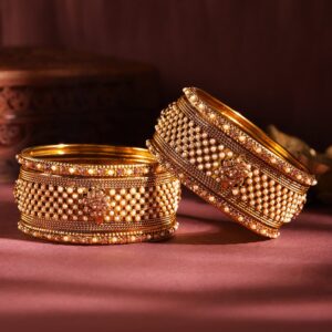 Set of 6 Gold Plated Pearl & Stone Studded Traditional Handcrafted Bangles - 2.6
