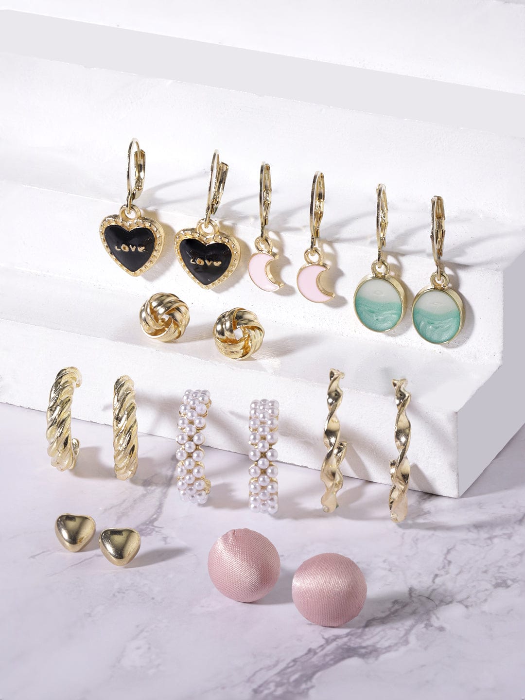 Set of 9, Gold Tone Enamel Detailed Pearl beaded Earrings - Gold