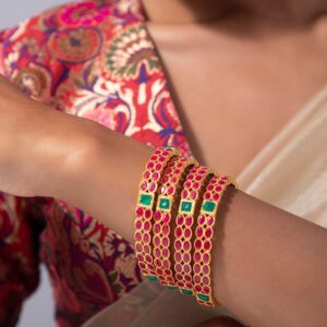 Set Of Two 22K Gold-Plated Pink & Green Stone-Studded Sustainable Handcrafted Bangles - 2.4