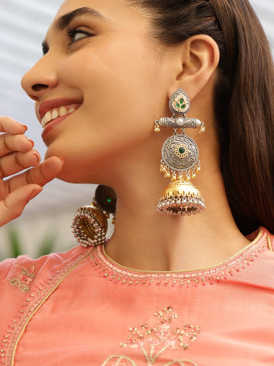 Silver & Gold Dual-Plated Oxidized Long Emerald Green Stone with Gold & Silver Beads Jhumka Earrings