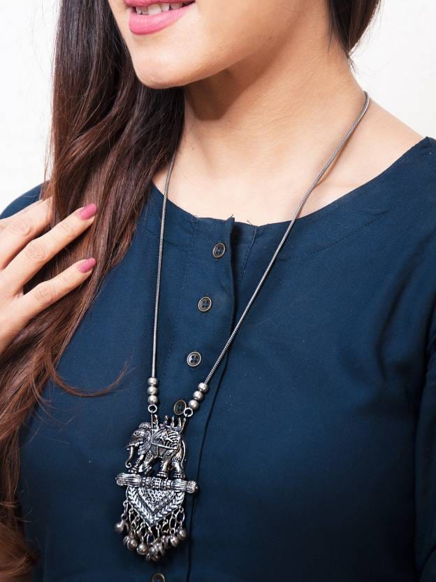 Silver Oxidised Handcrafted Elephant Pendant Necklace - Silver