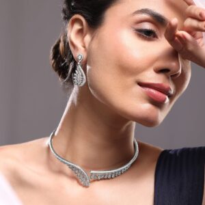 Silver-Plated AAA Cubic Zirconia Studded Leaf-Inspired Statement Choker Necklace Set