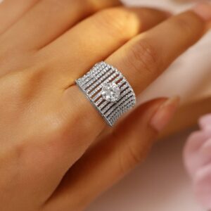 Silver-Plated AD & Cubic Zirconia Studded Concave Luxe Adjustable Finger Ring - Silver