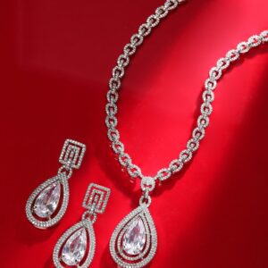 Silver-Plated AD Studded Necklace Jewellery Set - Silver