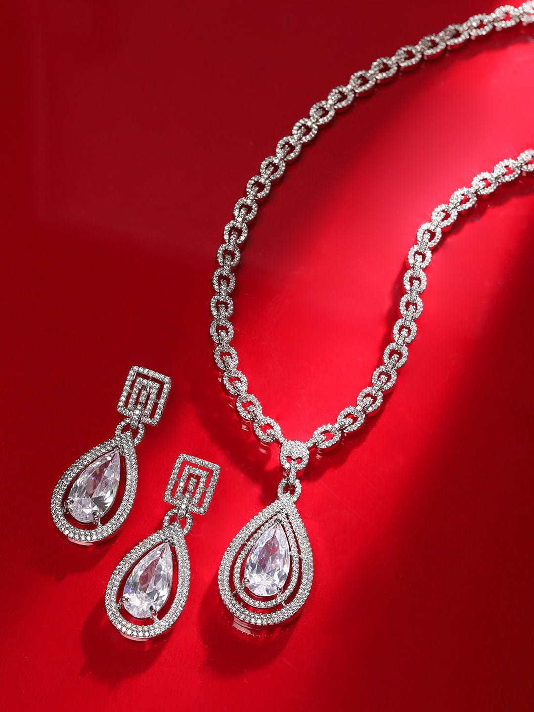 Silver-Plated AD Studded Necklace Jewellery Set - Silver