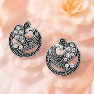 Silver-Plated American Diamond Studded Peacock Shaped Studs Earrings - Silver