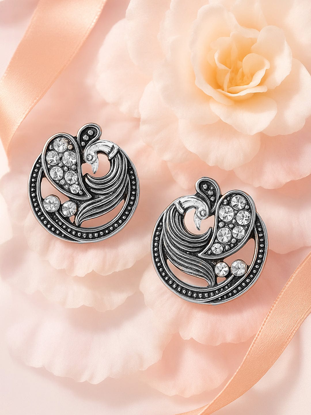 Silver-Plated American Diamond Studded Peacock Shaped Studs Earrings - Silver