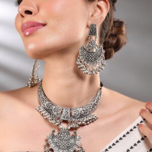 Oxidized Silver-Plated Crescent Motif Choker Necklace Set with Silver Beads & Floral & Intricate Detailing - Silver