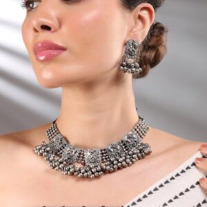 Silver-Plated Beaded-Studded Oxidized Jewellery Set - Silver