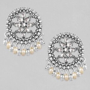 Silver-Plated & Beige Oxidised Contemporary Stud Earrings - Silver