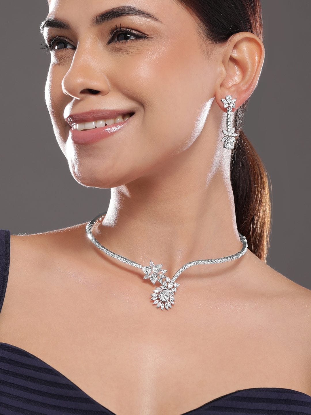 Silver-Plated Cubic Zirconia-Studded Floral Statement Jewellery Set - Silver