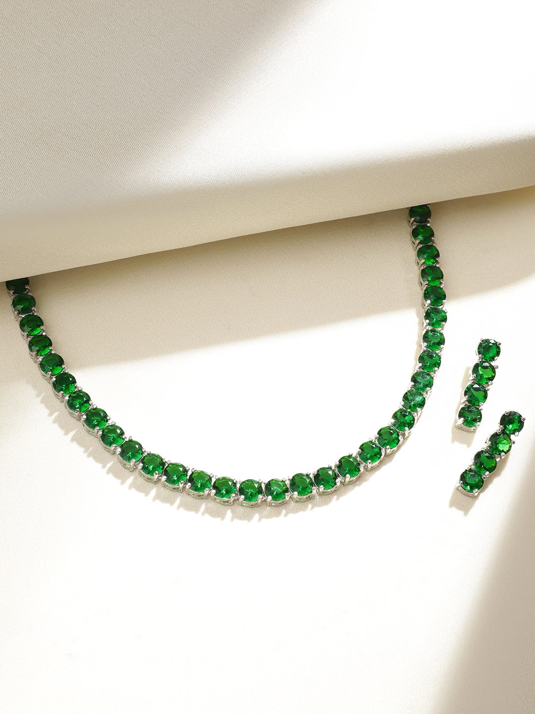 Silver Plated Emerald Green Stone Studded Necklace Set - Green