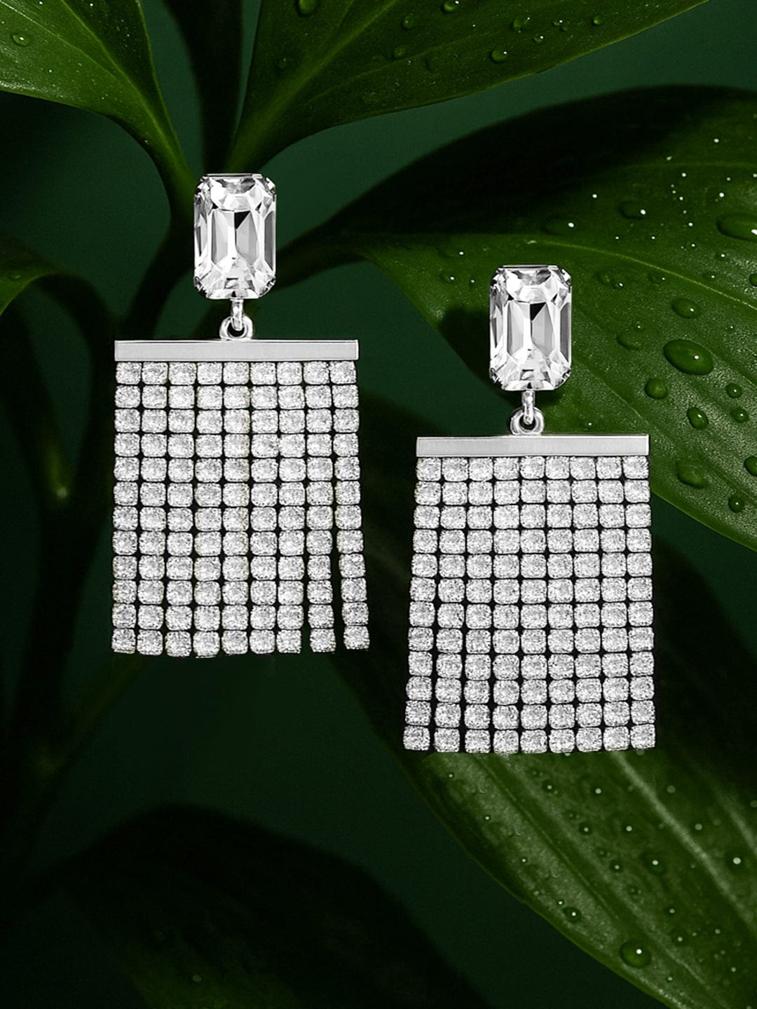 Silver-Plated Glamorous AD & Cubic Zirconia Studded Multilayered Drop Earrings