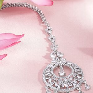 Silver Plated Handcrafted Crystal & AD Stone Studded Maangtika. - Silver