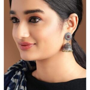 Silver Plated Handcrafted Oxidised Dual Tone Jhumka Earrings - Silver
