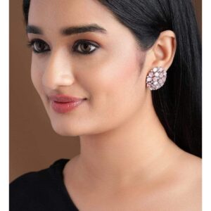 Silver Plated Handcrafted Pink Zircon Stone Stud Earrings - Pink