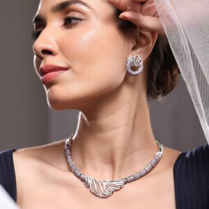 Silver-Plated Lavender & AAA Cubic Zirconia Studded Statement Necklace Set with Artistic Wave Design