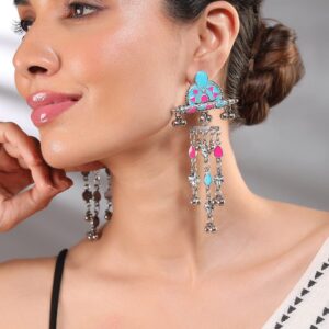 Silver-Plated Pink & Blue Enamel Cascading Dangle Earrings with Silver Beads