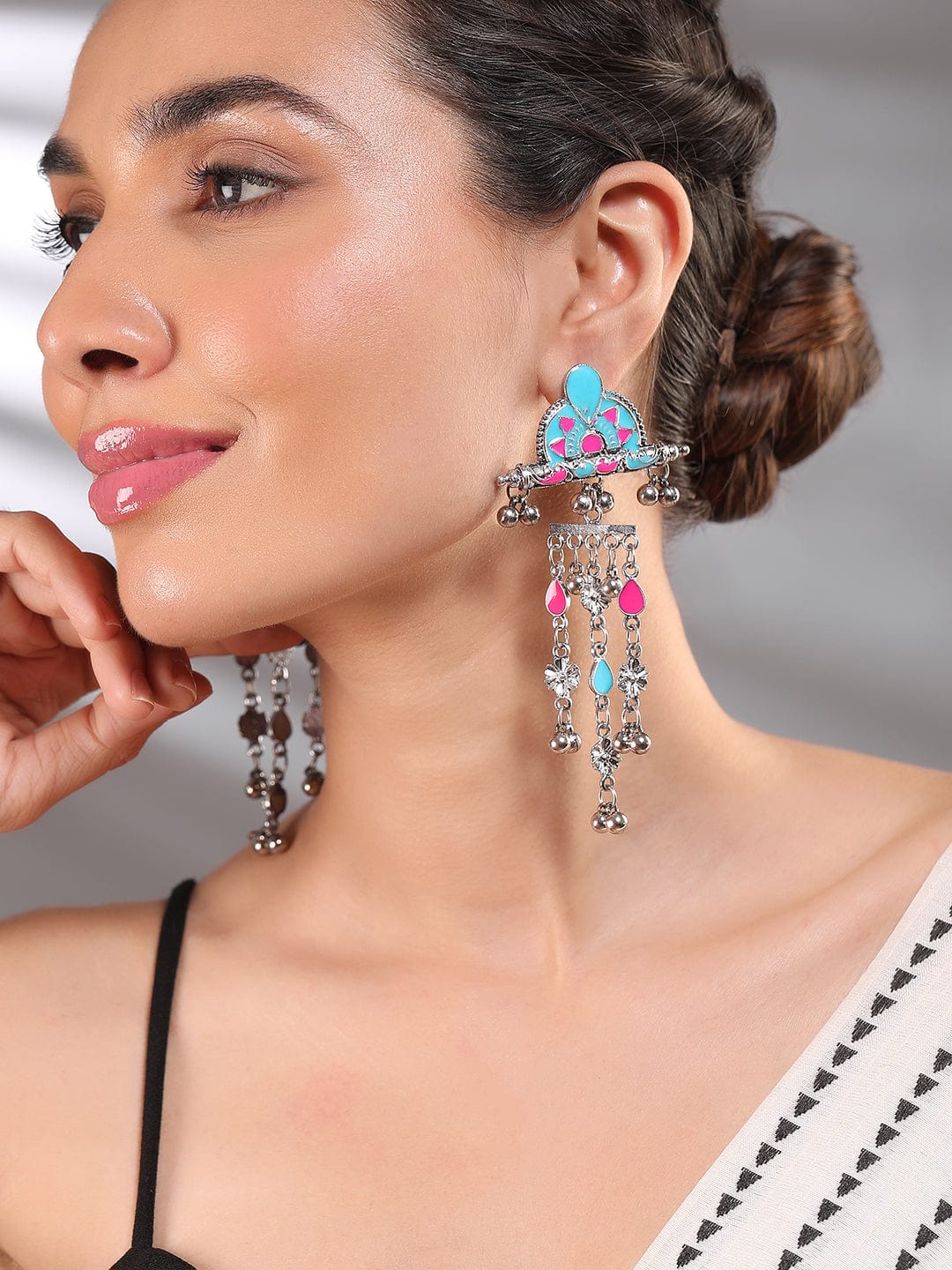 Silver-Plated Pink & Blue Enamel Cascading Dangle Earrings with Silver Beads
