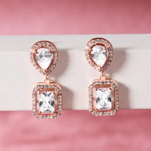 925 Sterling Silver Rose Gold Plated Zirconia Contemporary Drop Earrings - Rose Gold